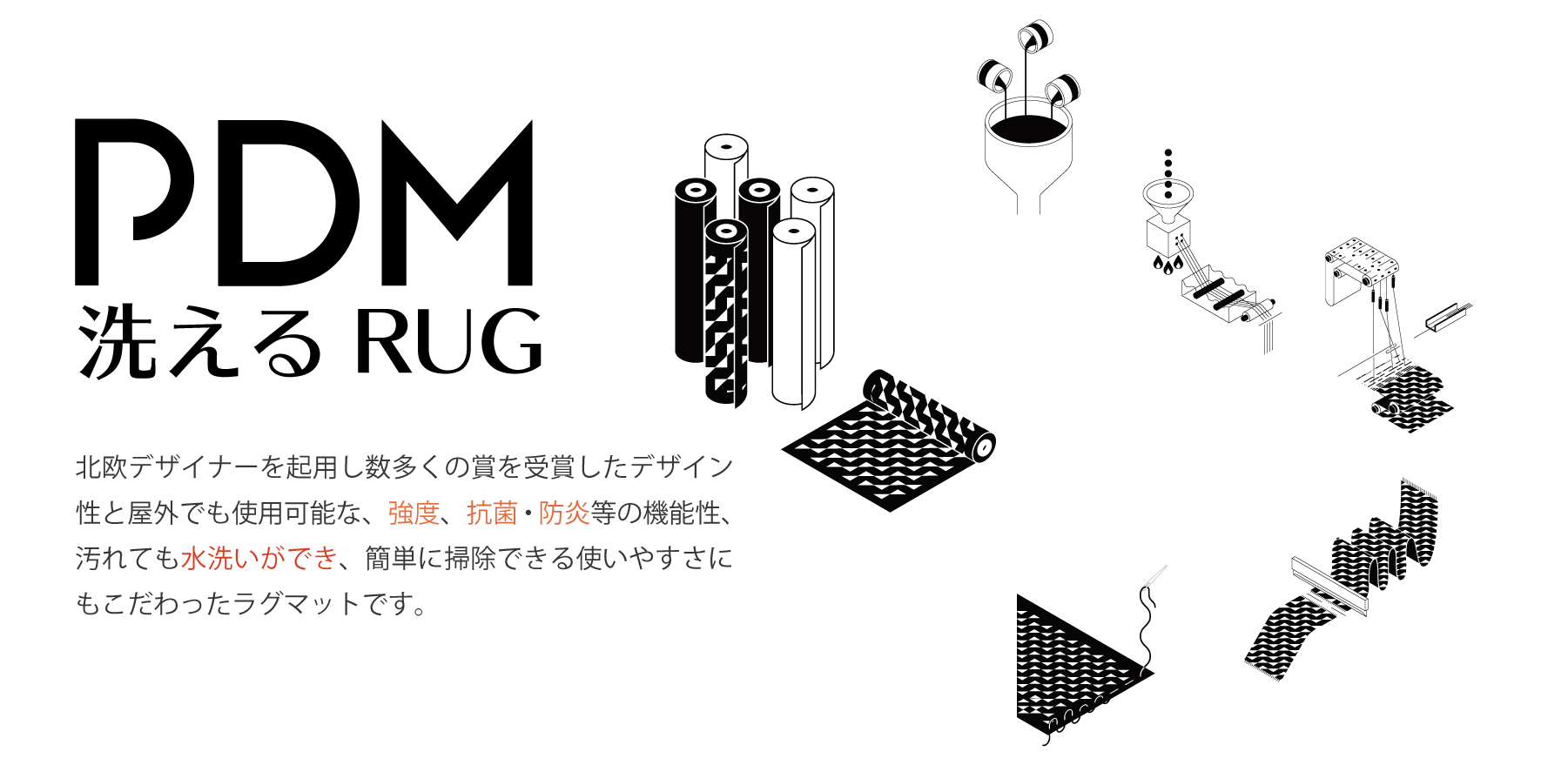 PDM洗えるRUG、北欧デザイナーを起用し数多くの賞を受賞したデザイン性と屋外でも使用可能な、強度、抗菌、防炎等の機能性、汚れでも水洗いができ、簡単に掃除できる使いやすさにもこだわったラグマットです。