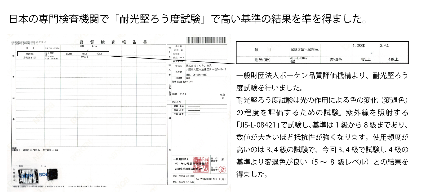 日本の専門検査機関の耐光堅ろう度試験で高い水準